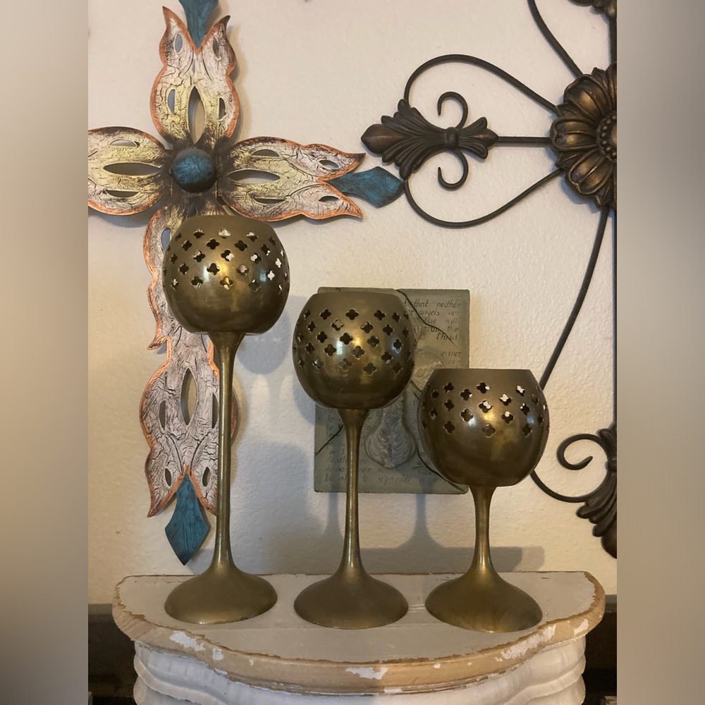 Vintage Brass Goblet Candle Holder Set of 3